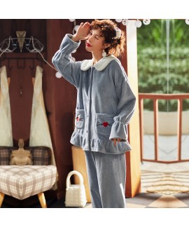 Padded Warm Green Lapel Baggy Two-piece Suit Ladies Flannel Pajamas