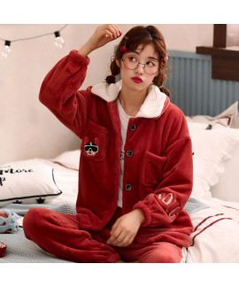Warm Thickened Plus Velvet Ladies Flannel Pajamas Set For Spring And Autumn