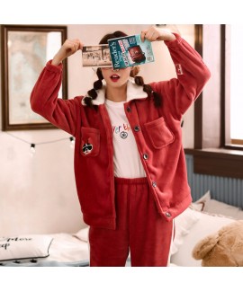 Warm Thickened Plus Velvet Ladies Flannel Pajamas Set For Spring And Autumn