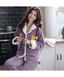 Thickened Plus Velvet Warmth Ladies Flannel Pajamas Set For Spring And Winter