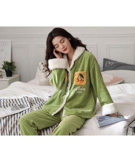 Thickened Plus Velvet Warmth Ladies Flannel Pajamas Set For Spring And Winter