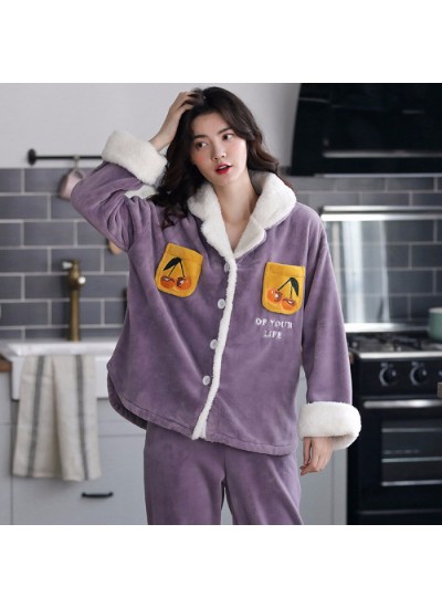 Thickened Plus Velvet Warmth Ladies Flannel Pajamas Set For Spring And Winter