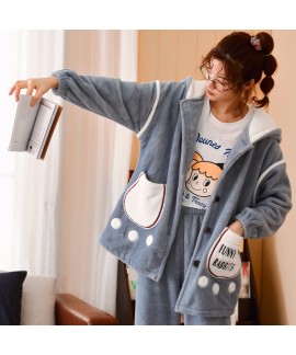 Thickened Plus Velvet Long-sleeved Flannel Warm Pajamas Set For Spring And Autumn