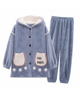 Thickened Plus Velvet Long-sleeved Flannel Warm Pajamas Set For Spring And Autumn
