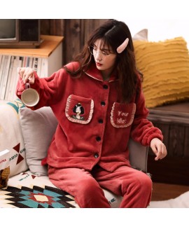 Thickened Plus Velvet Warm Flannel Ladies Pajamas Set For Spring And Autumn