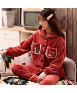 Thickened Plus Velvet Warm Flannel Ladies Pajamas Set For Spring And Autumn