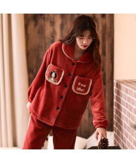 Thickened Plus Velvet Warm Flannel Ladies Pajamas Set For Spring And Autumn