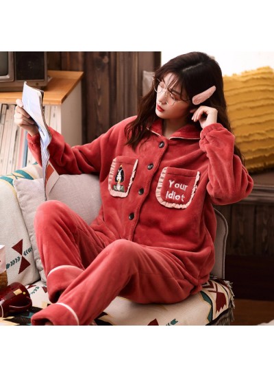 Thickened Plus Velvet Warm Flannel Ladies Pajamas Set For Spring And Autumn