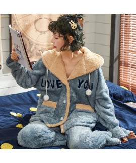 Thickened Wool Warm Casual Ladies Flannel Gown Suit For Winter