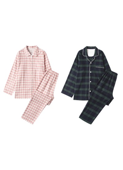 Brushed Flannel No Side Seam Green Plaid Christmas Pajamas Couple Thickening Homewear Suit For Autumn And Winter