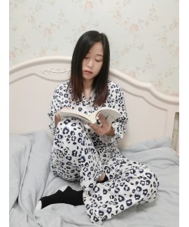 Pure Cotton Flannel Brushed Blue Panda Leopard Print Flannel Pajamas Dog Print Homewear Ladies Suits