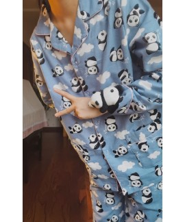 Pure Cotton Flannel Brushed Blue Panda Leopard Print Flannel Pajamas Dog Print Homewear Ladies Suits