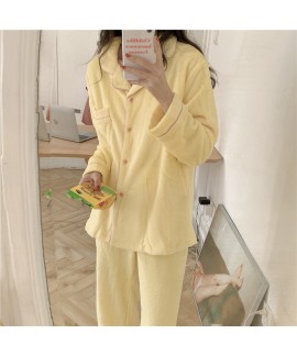 Winter Solid Color Flannel Cute Warm Pajamas Long Sleeve Blue Flannel Pajamas Suit