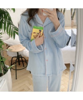 Winter Solid Color Flannel Cute Warm Pajamas Long Sleeve Blue Flannel Pajamas Suit