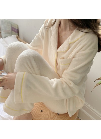 Winter Solid Color Flannel Cute Warm Pajamas Long Sleeve Blue Flannel Pajamas Suit