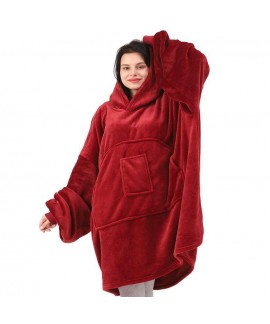 Flannel Nightgown One Piece Pajamas TV Blanket Solid Color Homewear Pullover Hoodie