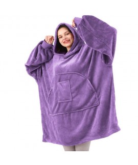 Flannel Nightgown One Piece Pajamas TV Blanket Solid Color Homewear Pullover Hoodie