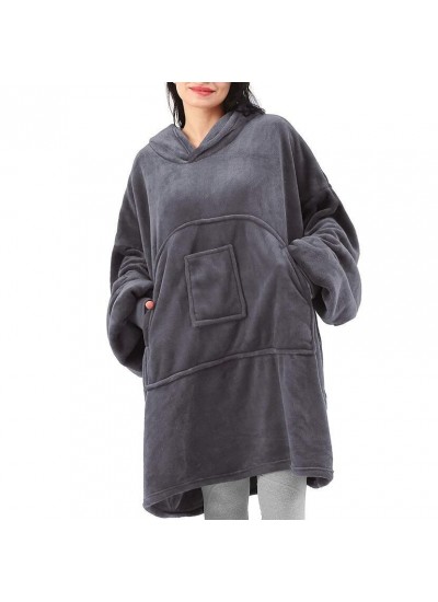 Flannel Nightgown One Piece Pajamas TV Blanket Solid Color Homewear Pullover Hoodie