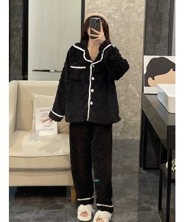 Plus Size Thickened Velvet Black Flannel Pajamas Cardigan Suit Homewear