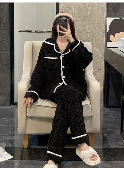 Plus Size Thickened Velvet Black Flannel Pajamas Cardigan Suit Homewear