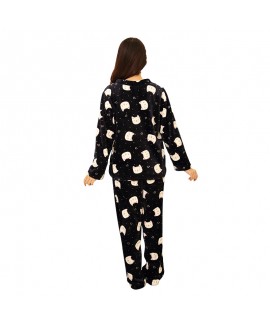Warm And Thick Pullover Flannel Pajamas Cat Print Homewear Two-piece Sets