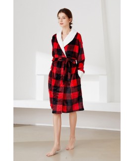 Winter Red Plaid Bathrobe Thickened Flannel Pajama...