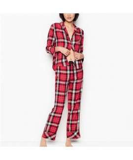 Women's Red Plaid Flannel Cotton Bridesmaid Dresses Long-sleeved Pajamas Set