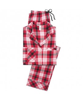 Women's Red Plaid Flannel Cotton Bridesmaid Dresses Long-sleeved Pajamas Set