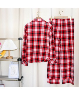 Women's Red Plaid Flannel Cotton Bridesmaid Dresses Long-sleeved Pajamas Set