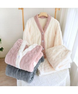 Winter Couples Flannel Pajamas Set Pink Gray V-nec...