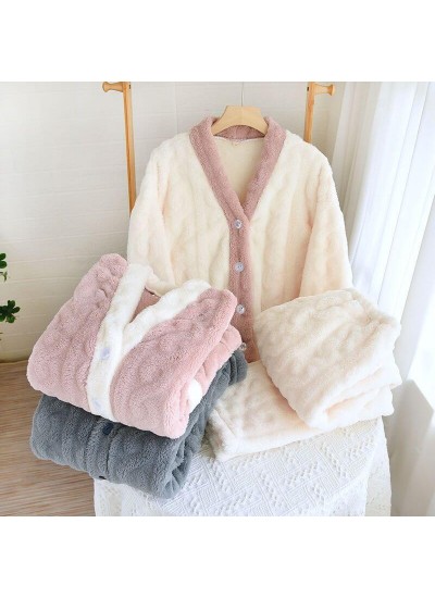 Winter Couples Flannel Pajamas Set Pink Gray V-neck Pajamas for Men and Women