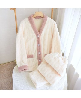 Winter Couples Flannel Pajamas Set Pink Gray V-neck Pajamas for Men and Women