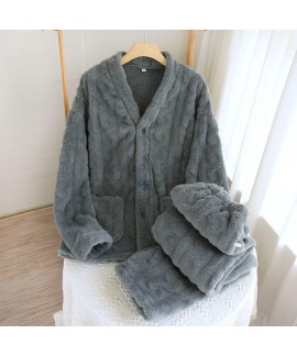 Winter Couples Flannel Pajamas Set Pink Gray V-neck Pajamas for Men and Women