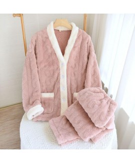 Winter Couples Flannel Pajamas Set Pink Gray V-neck Pajamas for Men and Women