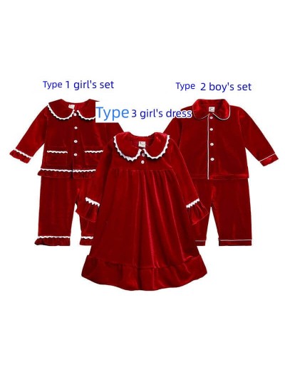 Winter Christmas Flannel Pajamas Child Gold Velvet Big Red Loungewear Suit