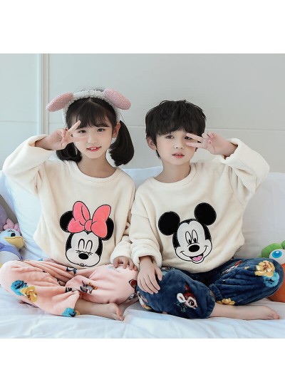 Children Winter Cover Head Warm Cute Cartoon Loungewear Baby Flannel Pajamas Set