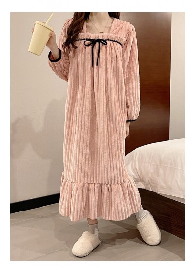Winter Coral Fleece Flannel Nightgown Large Size Female Lanyard Bow Pajamas