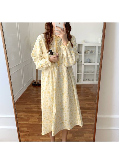 Ladies Classic Flannel Cotton Nightgown Rustic Style Floral Elegant Long Pajamas
