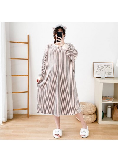 Fat Girl Striped Old-fashioned Flannel Nightgown Maternity Mid-length Pajama Dress