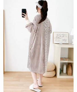 Fat Girl Striped Old-fashioned Flannel Nightgown Maternity Mid-length Pajama Dress