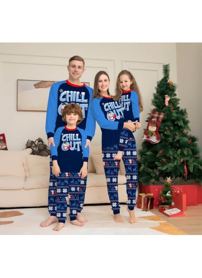 Letter Snowflake Print Blue Family Christmas Pajamas with Dog Cotton Parent-child Suit