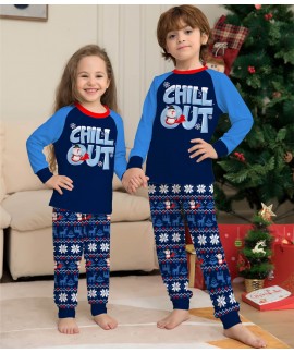 Letter Snowflake Print Blue Family Christmas Pajamas with Dog Cotton Parent-child Suit