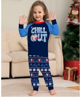 Letter Snowflake Print Blue Family Christmas Pajamas with Dog Cotton Parent-child Suit