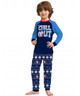 Letter Snowflake Print Blue Family Christmas Pajamas with Dog Cotton Parent-child Suit