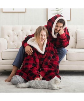 Red Plaid Christmas Super Warm Robe Hooded Flannel...