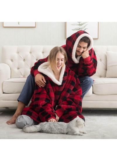 Red Plaid Christmas Super Warm Robe Hooded Flannel Couple TV Sofa Blanket