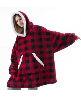 Red Plaid Christmas Super Warm Robe Hooded Flannel Couple TV Sofa Blanket