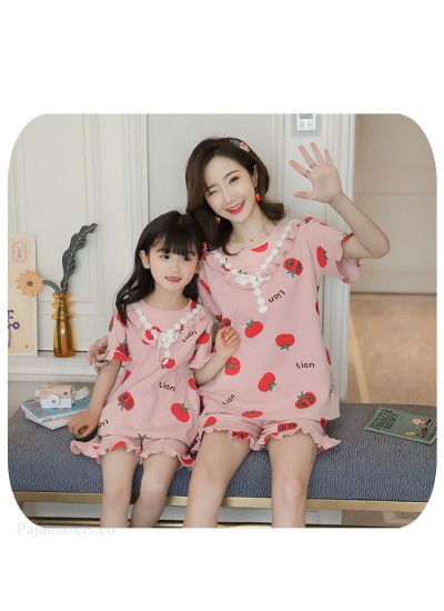 Parent-child outfit pajamas summer double short cotton cute sweet cartoon home service