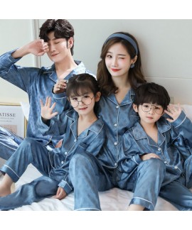 Spring and autumn new parent-child pajamas for a family of four ice silk long-sleeved home service suit