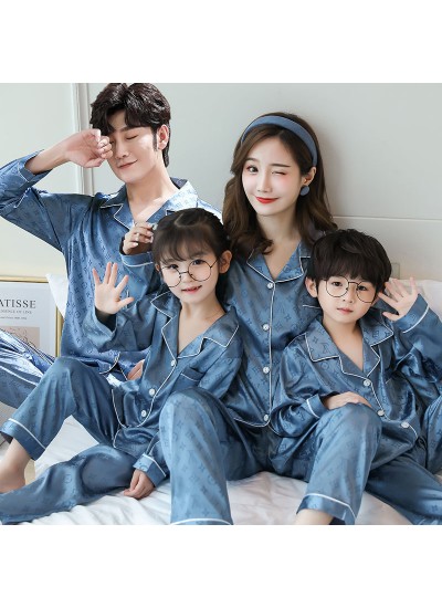 Spring and autumn new parent-child pajamas for a family of four ice silk long-sleeved home service suit